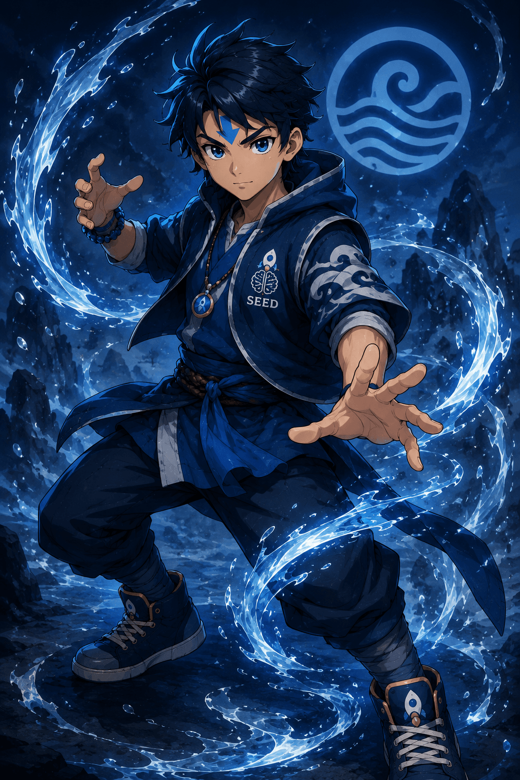 SEED teen guide surrounded by an energetic blue water effect